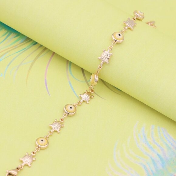 "Rose Gold Turtle & Yellow Evil Eye Bracelet, Cute Protective Design, XPBL0744 - Picture 2 of 12